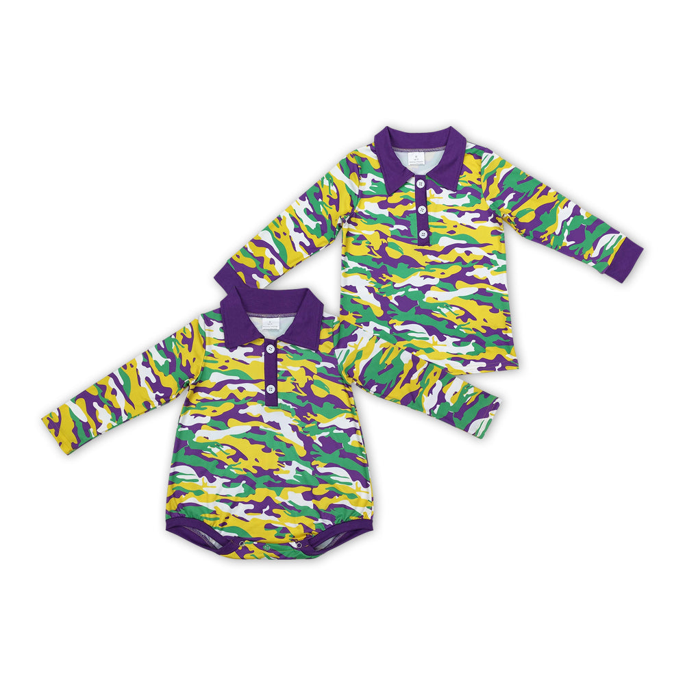 Sibling Baby Boys Mardi Gras Purple Green Camo Long Sleeve Clothes Set