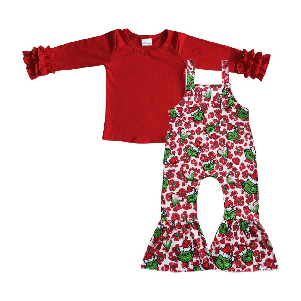 Baby Girls Christmas Green Face Cartoon 2pcs Overall Clothes Sets