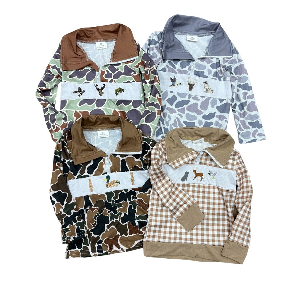 Sibling Baby Boys Long Sleeve  Huntng Embroidery Camo Zippy Pullover Top
