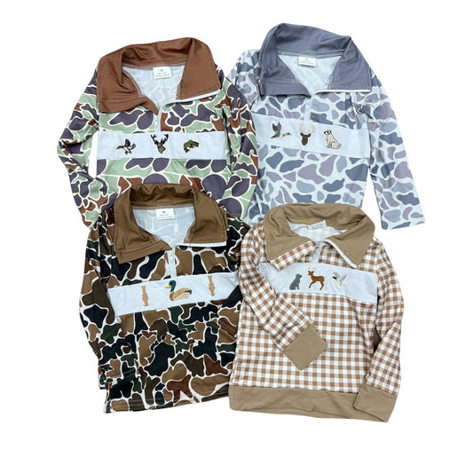 Sibling Baby Boys Long Sleeve  Huntng Embroidery Camo Zippy Pullover Top