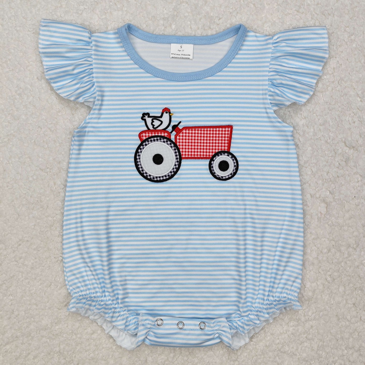 Baby Girls Light Blue Stripe Flutte Sleeves Embroidery Chicken Farm Romper