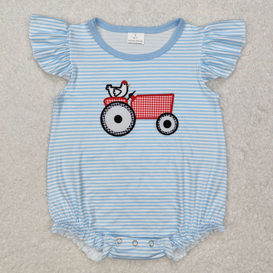 Baby Girls Light Blue Stripe Flutte Sleeves Embroidery Chicken Farm Romper