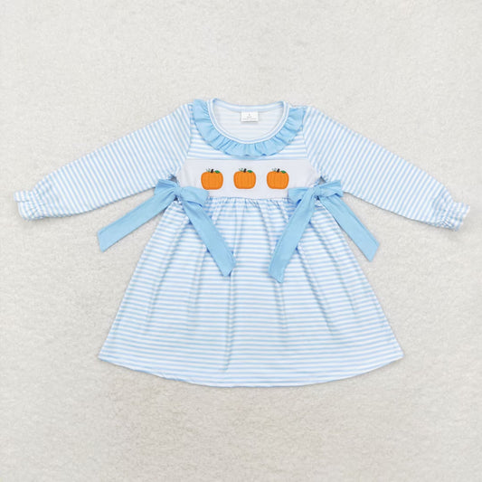 GLD0614 Baby Girls Fall Pumpkin Blue Striped Long Sleeve Dress