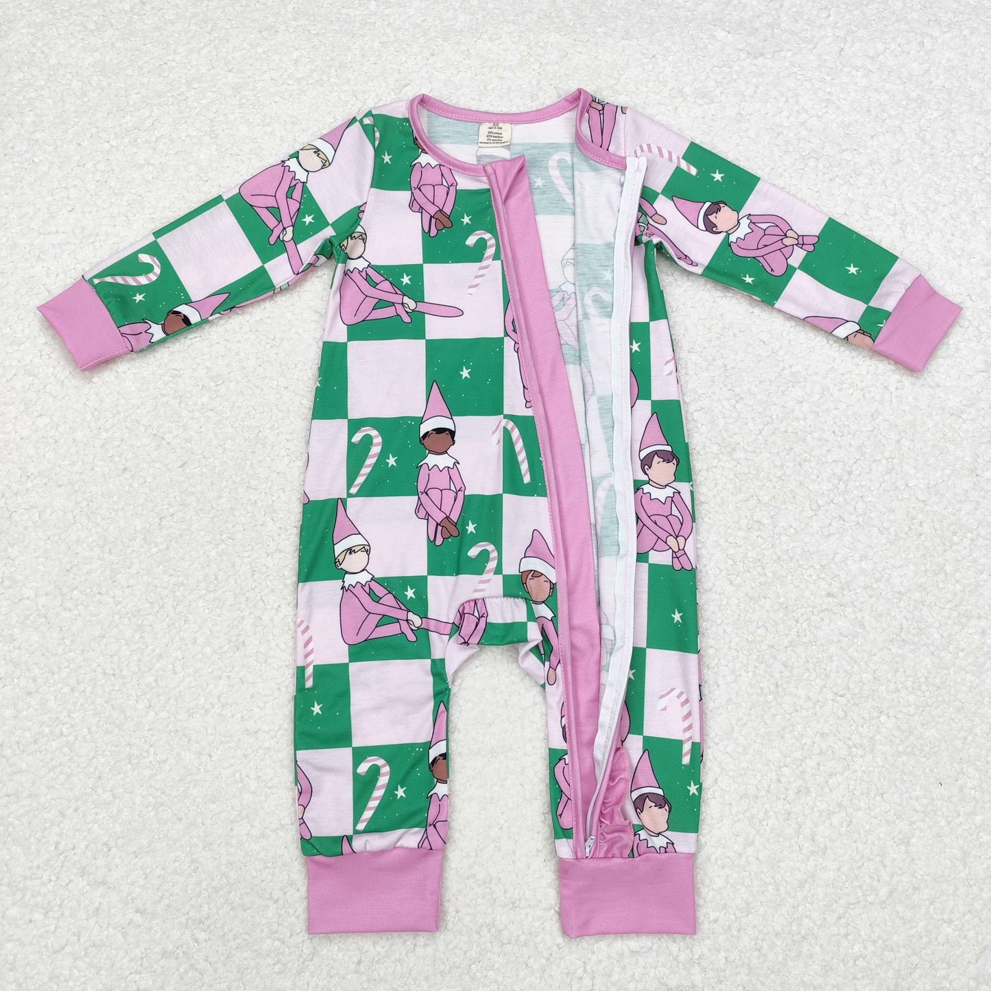 Newboorn Baby Girls Christmas Green Checker Zip Bamboo Romper