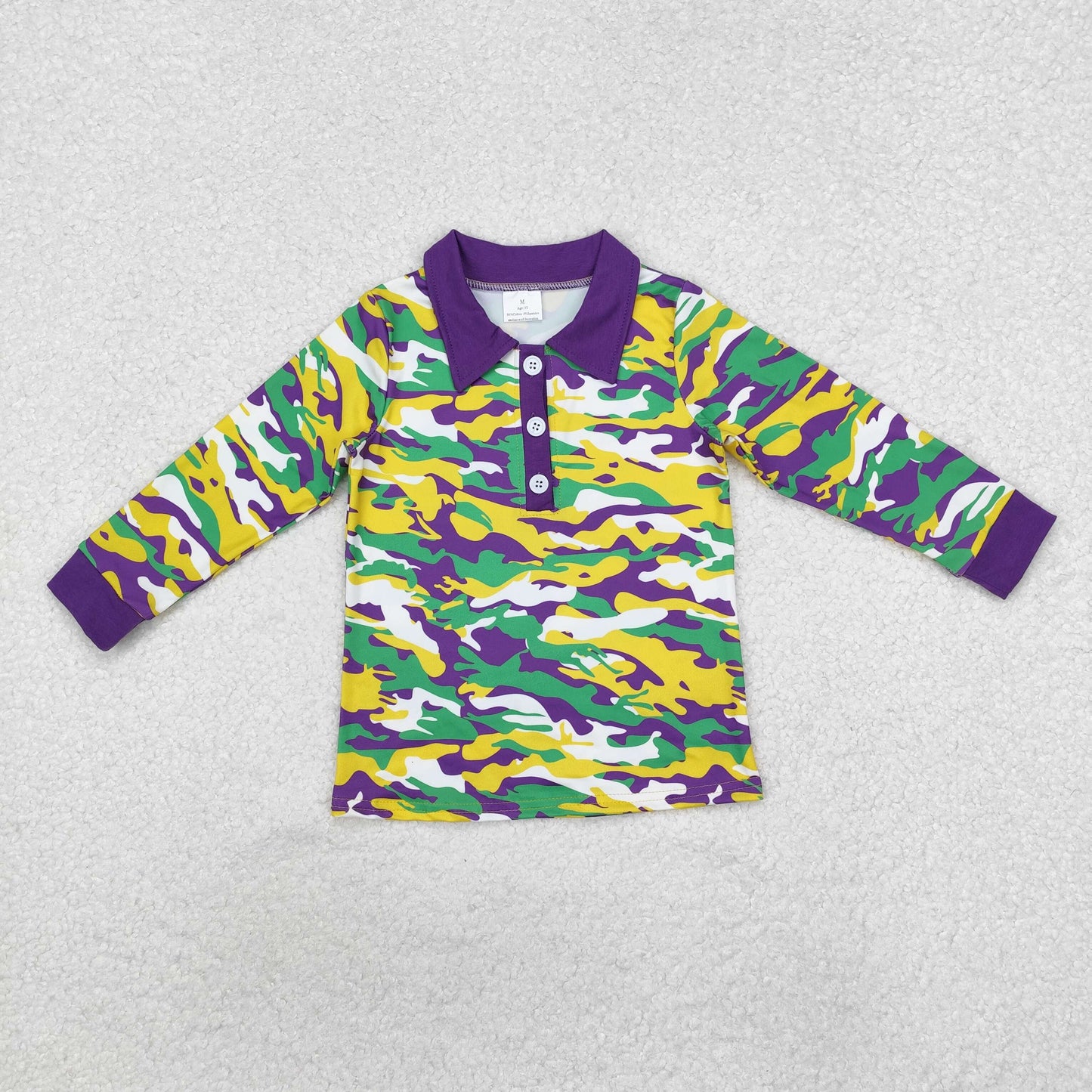 Baby Boys Mardi Gras Purple Green Camo Long Sleeve Polo Shirt Top