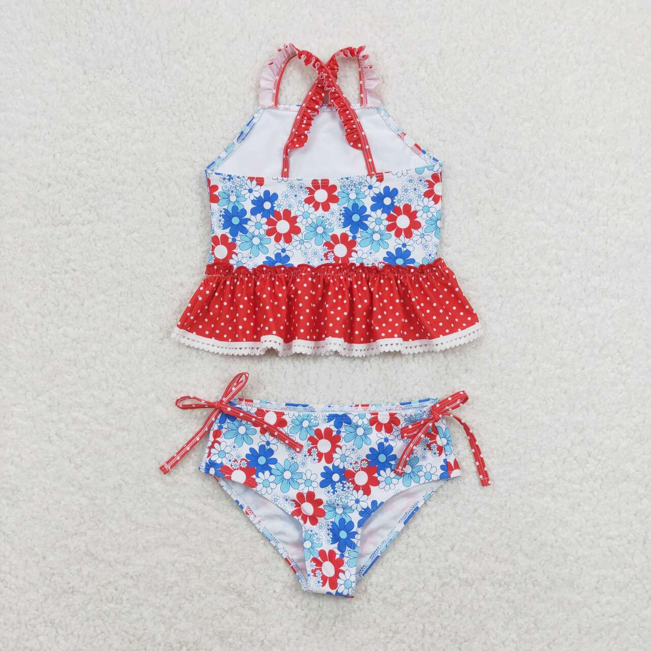 Girls Blue Red Flower Print Two Piece Swimsuit