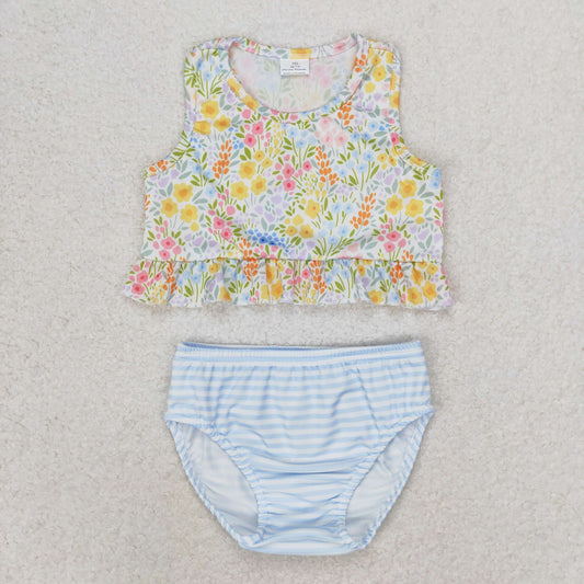 Baby Girls Small Flowers Ruffle Top Bummie Two Pieces Swimsuits