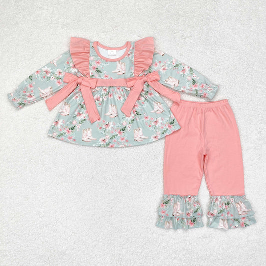 Baby Girls Western Flowers Boots Tunic Ruffle Pants Clothes Sets