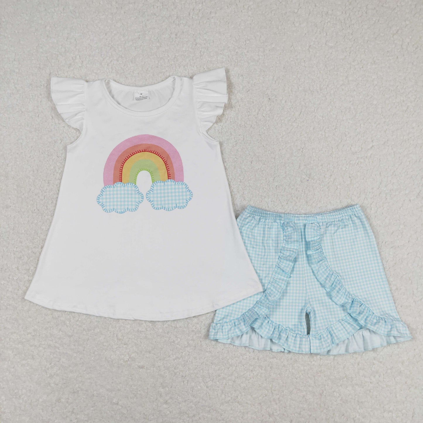 Summer Girls Rainbow Top Blue Gingham Shorts Set