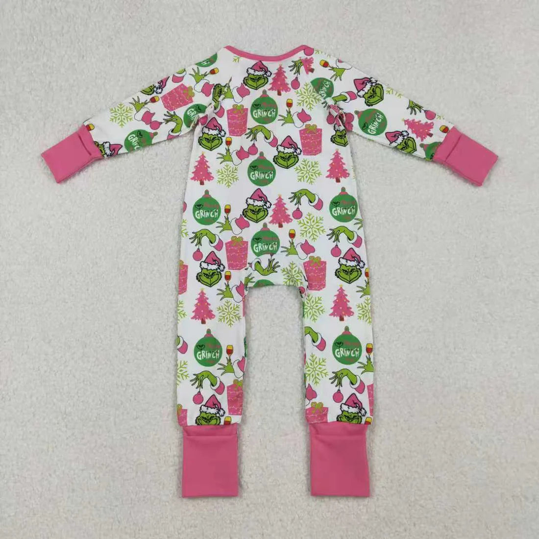 Sibling Baby Girls Green Faces Trees Lights Christmas Ruffle Knee Length Dress Pajamas Sets Footie Rompers