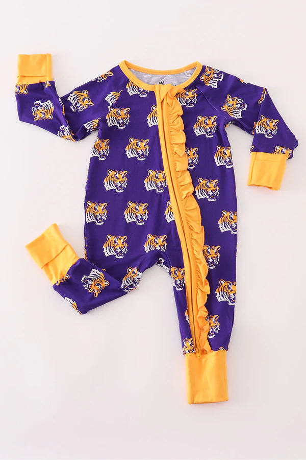 20 MOQ Preorder Purple LSU geaux tiger bamboo ruffle romper