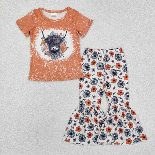 Baby Girls Highland Cow Floral Bell Bottom Pants Set