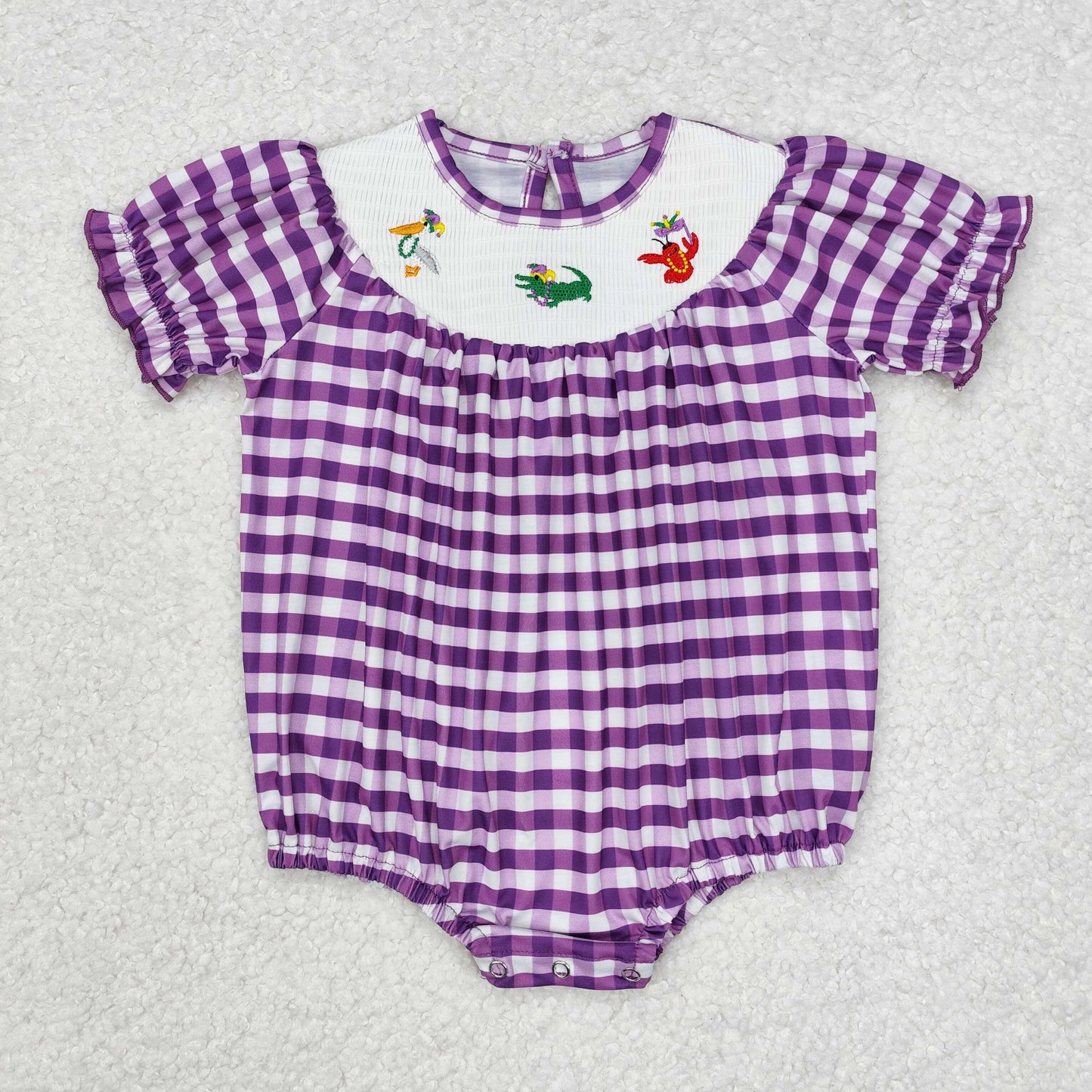 Baby Girls Mardi Gras Purple Plaid Embroidery Corcodile Bird Crayfish Rompers