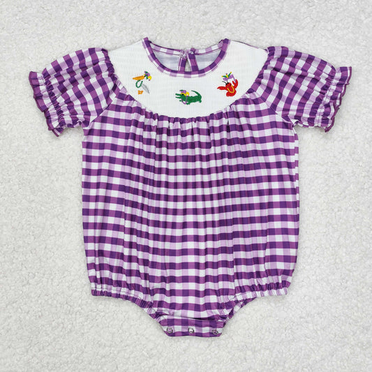 Baby Girls Mardi Gras Purple Plaid Embroidery Corcodile Bird Crayfish Rompers