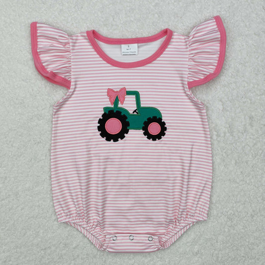 Baby Girls Pink Stripe Flutter Sleeves Embroidery Truck Farm Romper
