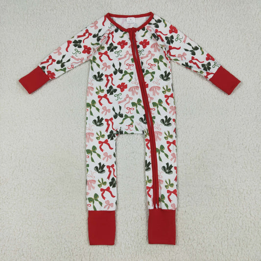 LR2203 Baby Girls Christmas Bow Long Sleeve Zip Footie Romper