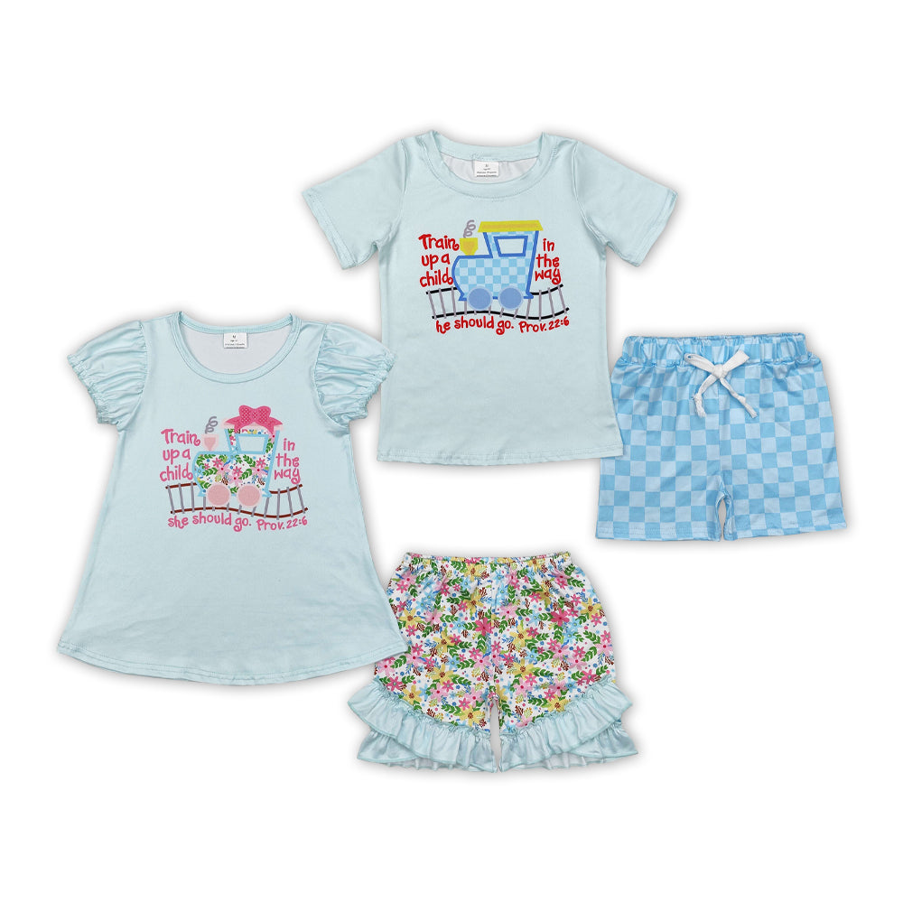 Toddler Baby Sibling  Train Top Shorts Set