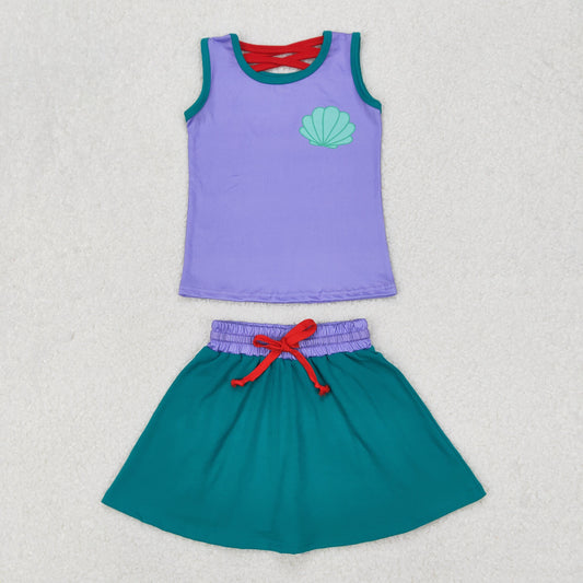 Baby Girls Purple Sleeveless Shell Top Green Patchwork Skirt Set
