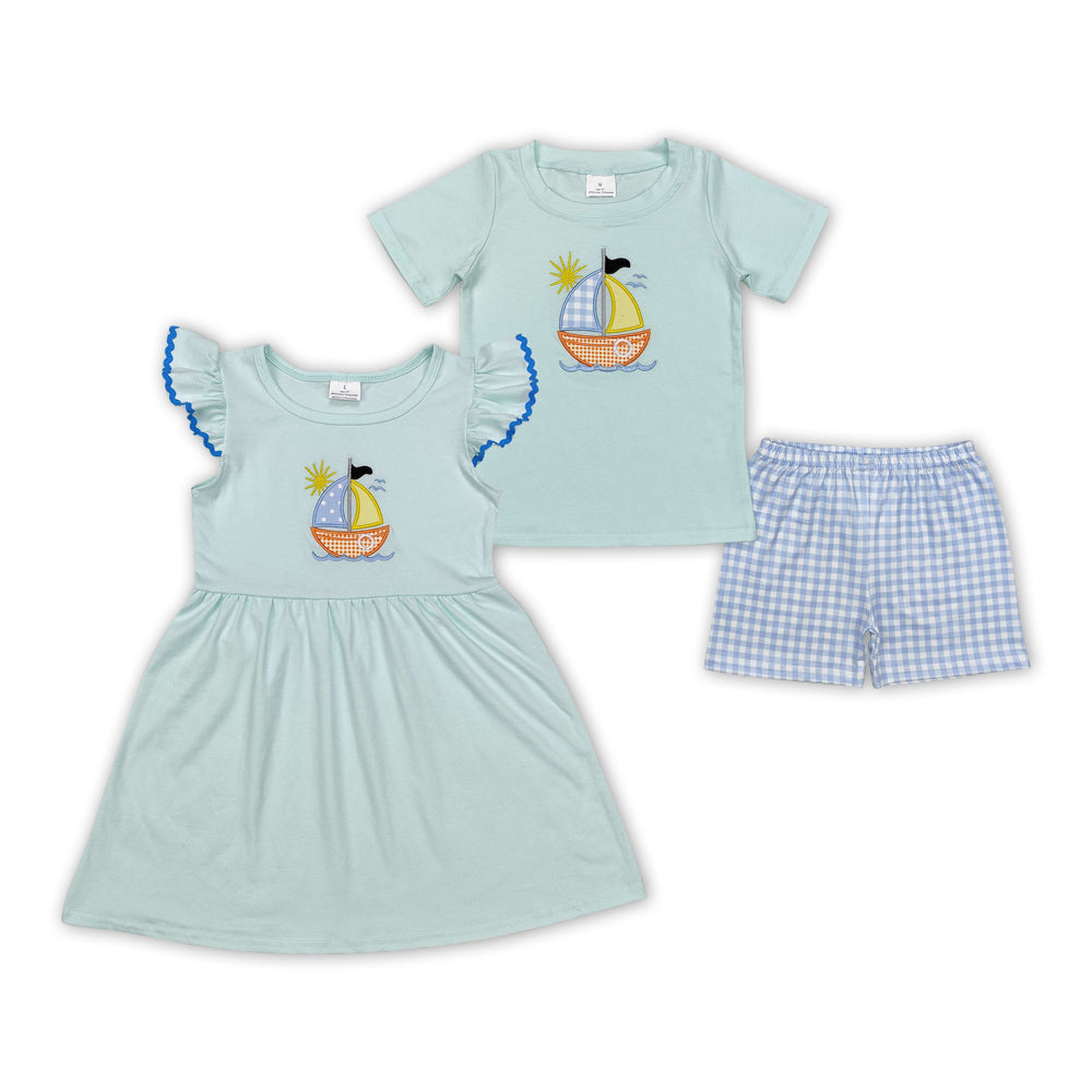 Sibling Baby Aqua Stripe Embroidery Sun Boat Dresses Clothes Set