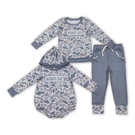 Mama's Boy Embroidery Old School Camo Jogger Set and Romper For Sibling Boys