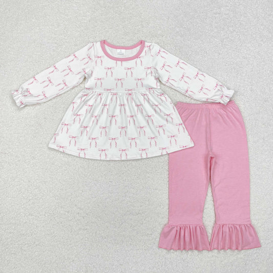 GLP1973 Baby Girls Pink Bow  Tunic Top Ruffle Pants Set