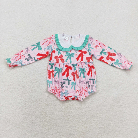 Baby Girls Christmas Bow Long Sleeve Bubble Romper