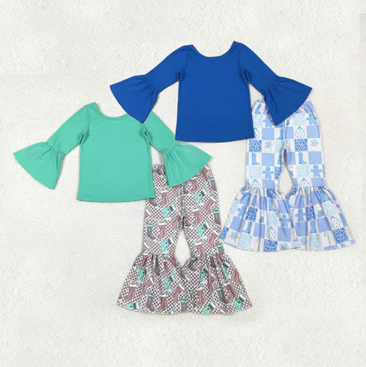 Sibling Girls Solid Color Top With Bell Bottom Pants Set