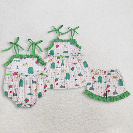 Sibling Baby Girls Strap Pink Checked Flower Golf Tunic Ruffle Shorts Clothes Set Rompers