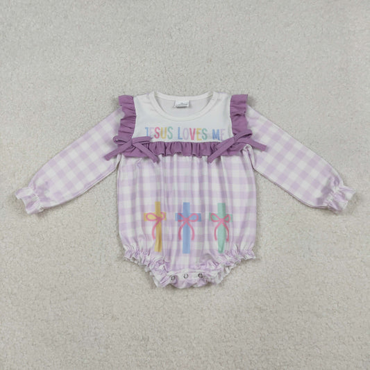 Baby Girls  Jesus Loves me Violet Gingham Long Sleeve Romper