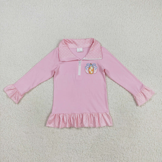 GT1112 Kids Girls Embroidery Pumpkin Pink Long Sleeve Pullvoer Top