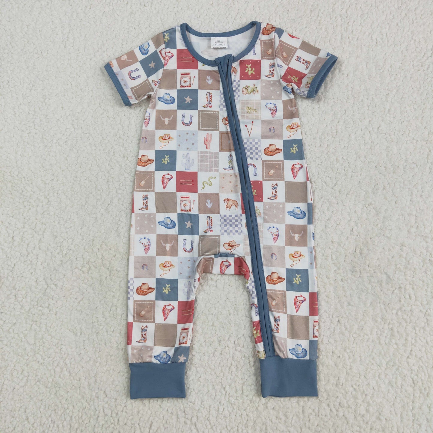 SR3098 Baby Boys Western Short Sleeve Zip Romper