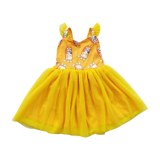 GSD0356 Cartoon Blue Dog Yellow Tulle Dress