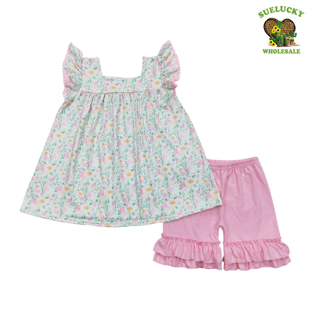 Kids Girls Floral Top Matching Pink Shorts Set