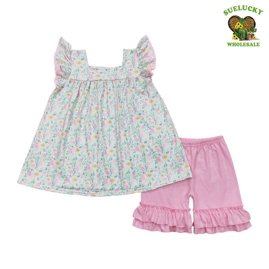 Kids Girls Floral Top Matching Pink Shorts Set