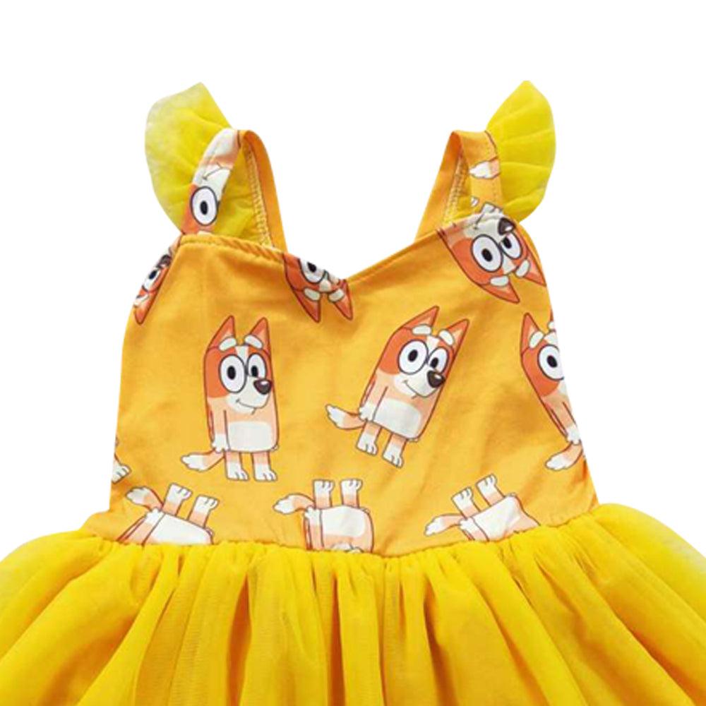 GSD0356 Cartoon Blue Dog Yellow Tulle Dress