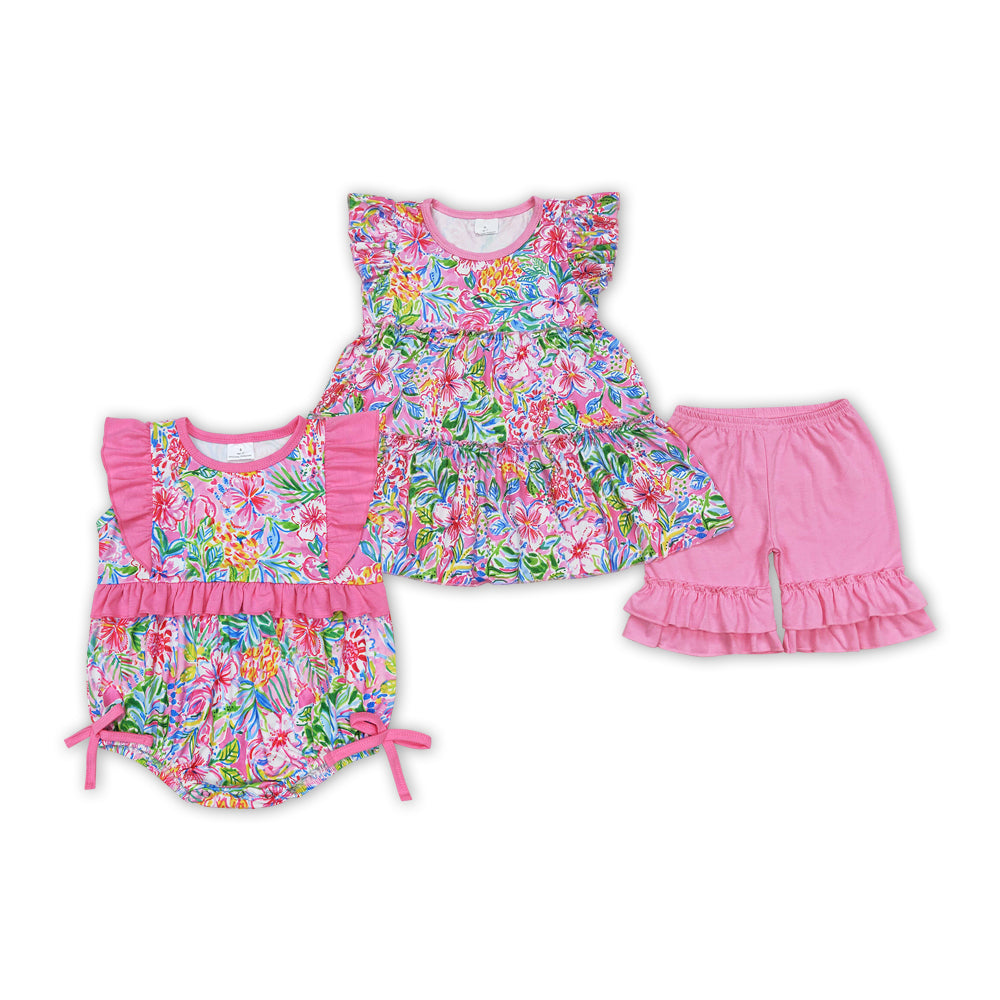 Baby Girls Sibling Flowers Tunic Dark Pink Shorts Summer and Romper