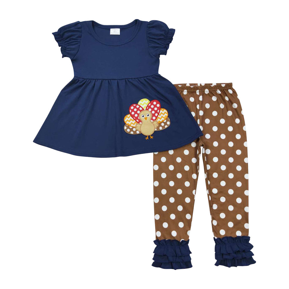 GSPO0795 Kids Girls Fall  Embroidery  Thanksgiving Turkey Outfit