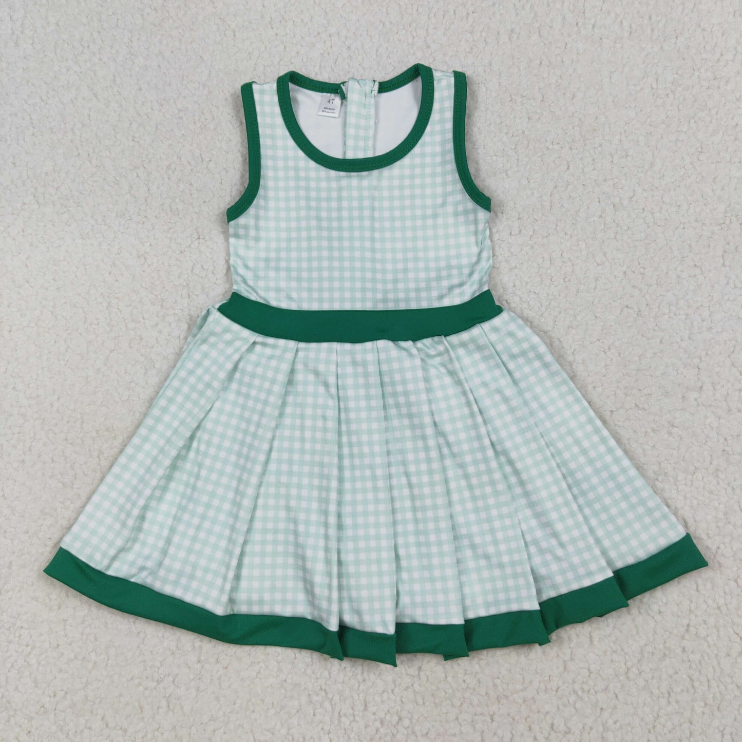 GSD2632 Kids Girls Green Gimghan Sleeveless Dress