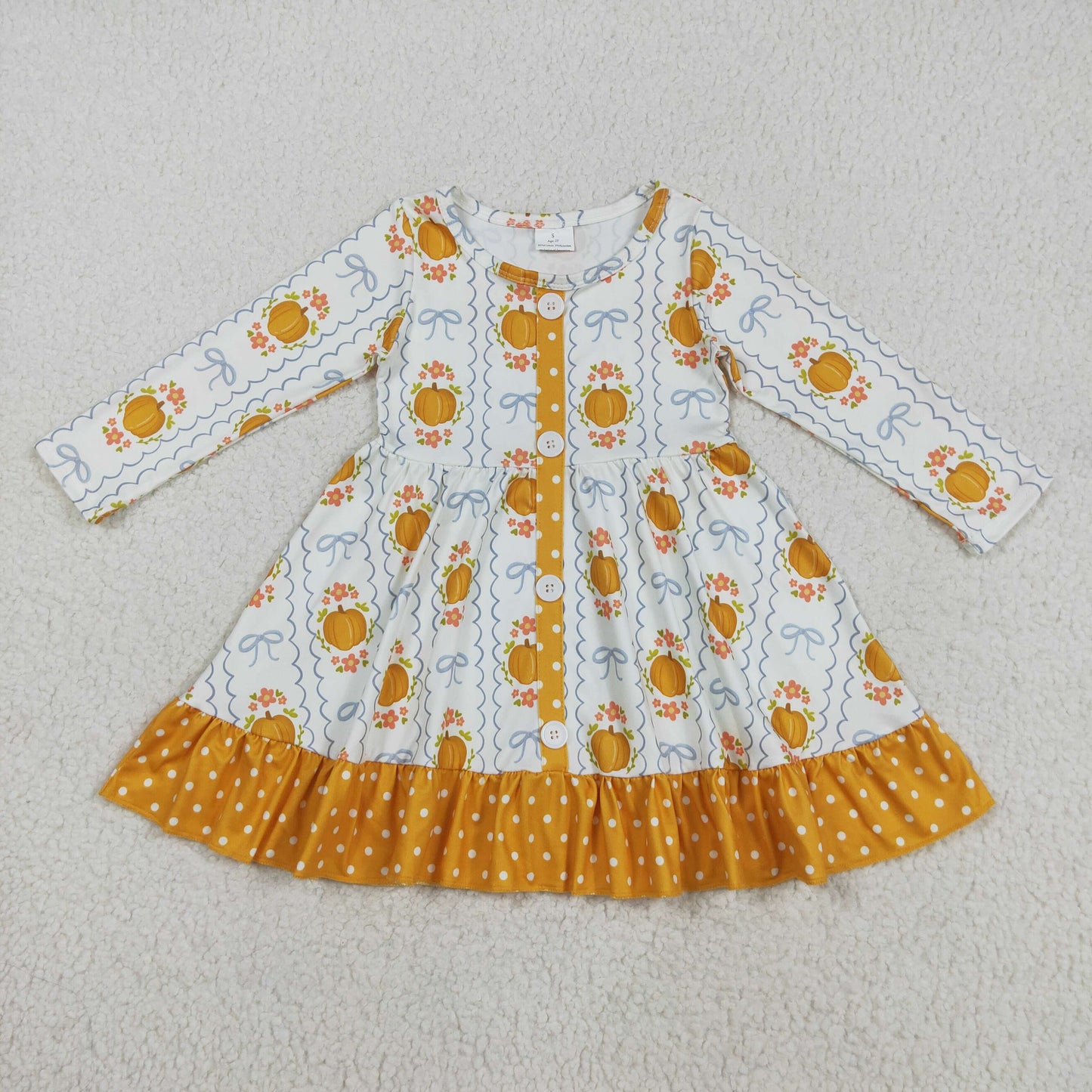 Kids Girls Pumpkin Bow Long Sleeve Dress
