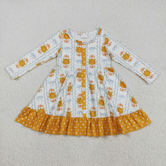 Kids Girls Pumpkin Bow Long Sleeve Dress