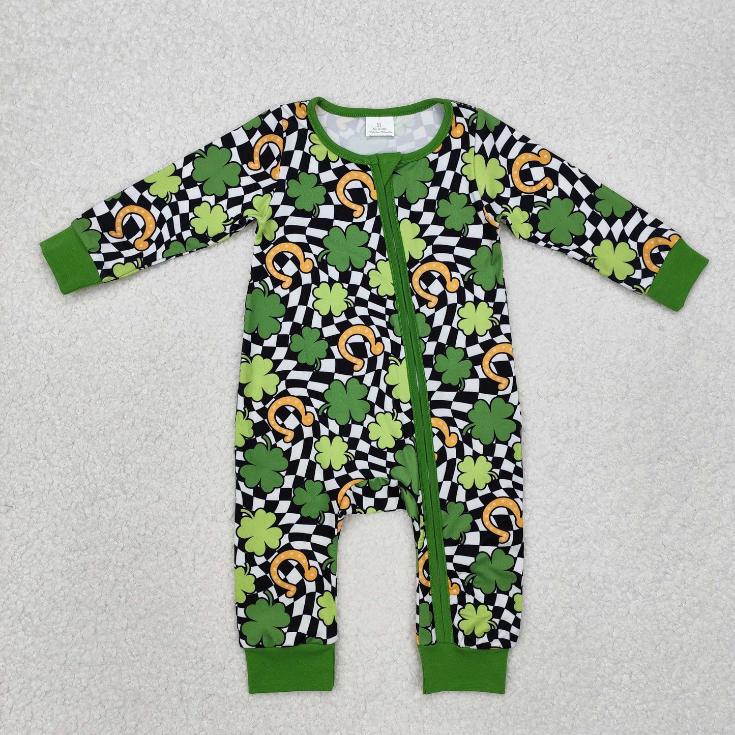 Baby Green Long Sleeves Clovers Print St Patrick Zipper Romper