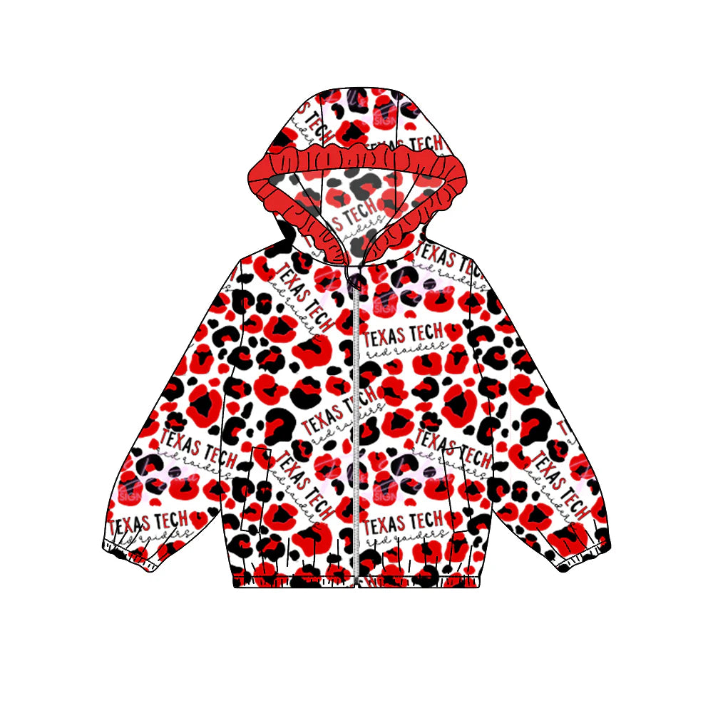 Preorder 5 MOQ Baby Girls Texas Tech Footballs Red Leopard Team Hooded Tops