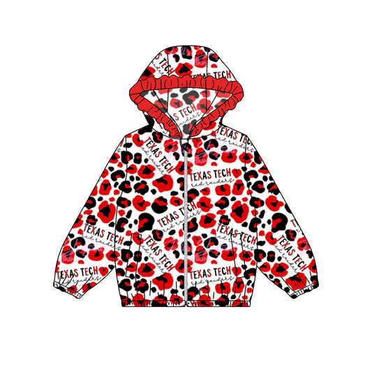 Preorder 5 MOQ Baby Girls Texas Tech Footballs Red Leopard Team Hooded Tops