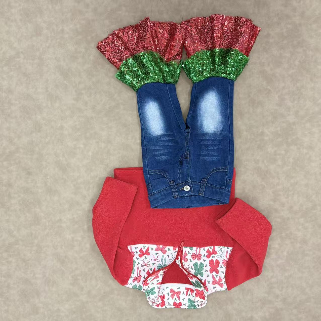 Baby Girls Christmas Bow Pullover Top With Sequin Pants Outfit