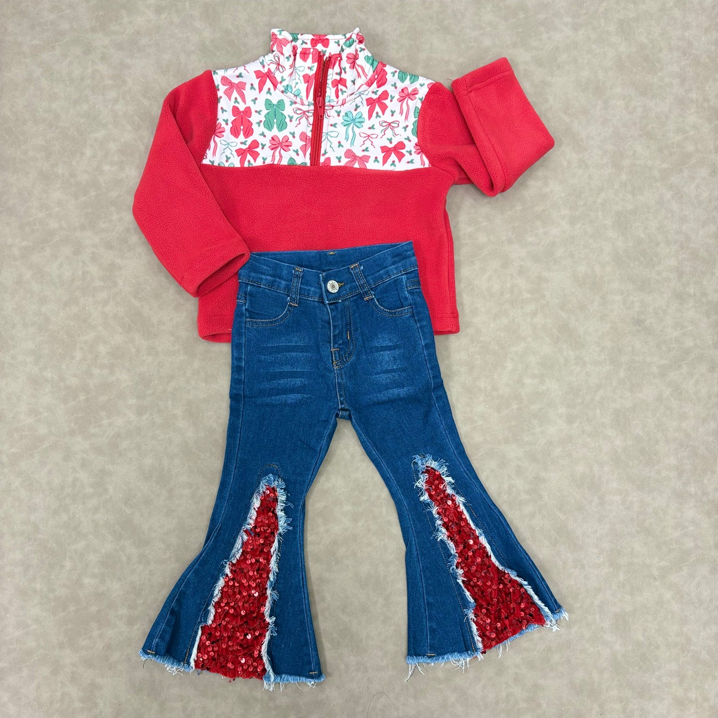 Baby Girls Christmas Bow Pullover Top With Red Sequin Pants Outfit