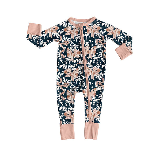 Preorder , 5 MOQ Baby Girls  Bows In Navy Color Long Sleeve Footed Romper Preorder