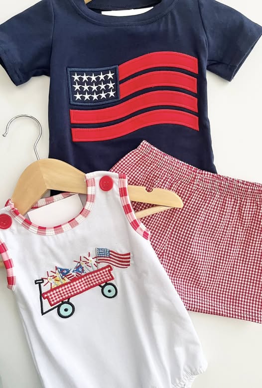 4th Of July Sibling Baby Boys Embroidery Outfit and Romper