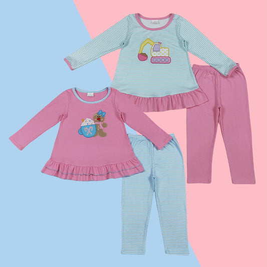 Kids Girls Sibling Embroidery  Tunic Top +Leggings Set