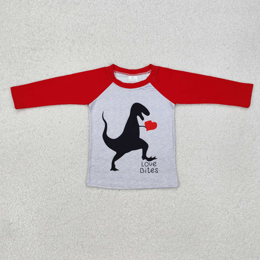 Kids Boys Red Long Sleeve Heart Dinosaur Print Valentines T-shirt