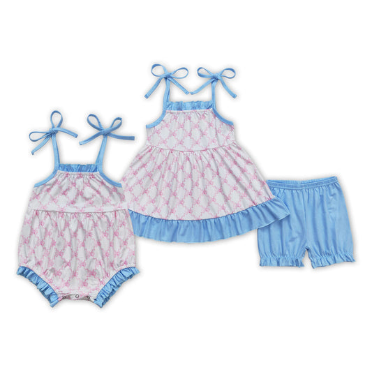 Summer Baby Girls Sister Sibling Pink Bow  Outfit and Romper